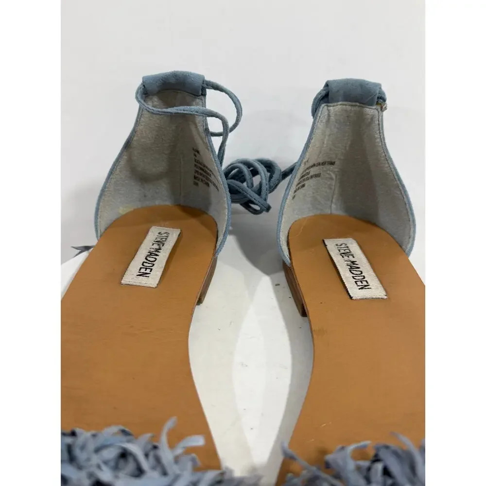 Steve Madden Sweetyy Blue Suede Fringe Lace Up Gladiator Sandals US 7 Ankle Wrap
